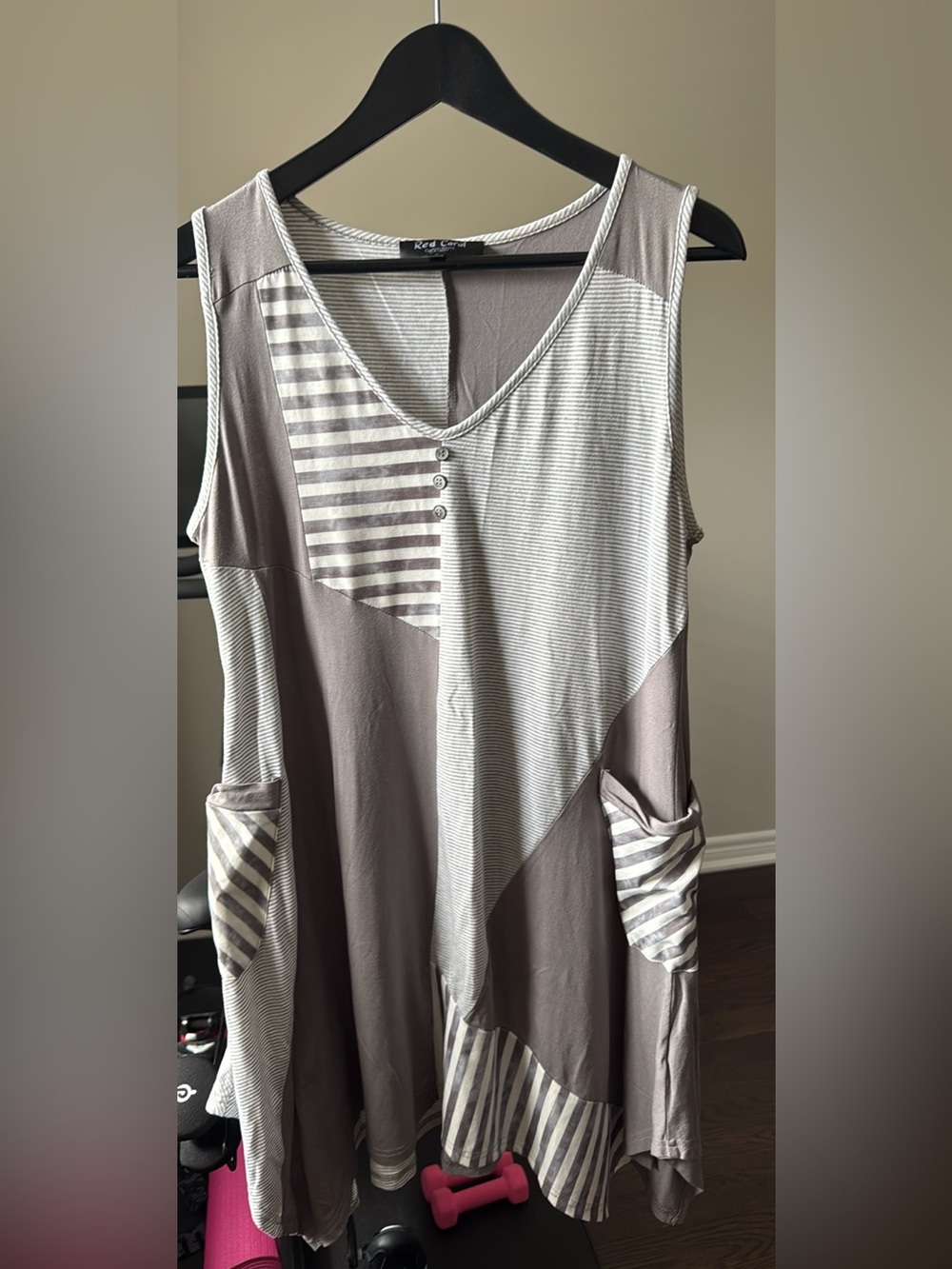 Sleeveless Grey Patchwork Dress with Stripes